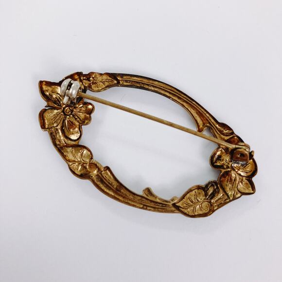 Vintage Art Nouveau Style Gold Tone Floral Revival Brooch 1940s Mid Century - Picture 7 of 9